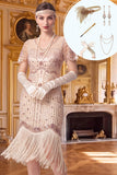 Apricot V-Neck Sequins Fringed Bodycon Midi 1920s Dress With 5-Piece Accessories Set