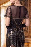 Black Golden V-Neck Sequins Bodycon Fringed Midi 1920s Dress With 4-Piece Accessories Set