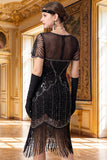 Black Silver V-Neck Sequins Fringed Bodycon Midi 1920s Dress With 5-Piece Accessories Set