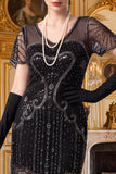 Black Silver V-Neck Sequins Fringed Bodycon Midi 1920s Dress With 5-Piece Accessories Set