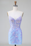 Blue Sequins Corset Open Back Short Homecoming Dress with Embroidery