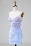 Blue Sequins Corset Open Back Short Homecoming Dress with Embroidery