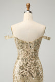 Sparkly Bodycon Golden Off The Shoulder Homecoming Dress with Sequins