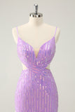 Glitter Purple Tight Sequined V Neck Short Homecoming Dress