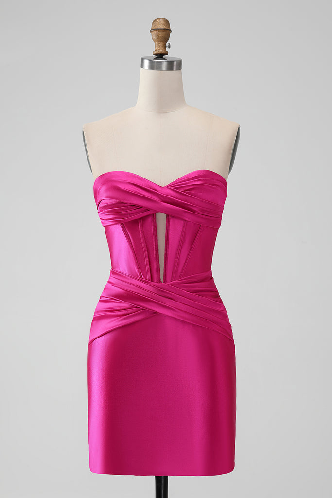 Fuchsia Bodycon Spaghetti Straps Ruched Short Homecoming Dress with Beading