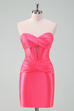 Hot Pink Bodycon Sweetheart Satin Corset Short Homecoming Dress