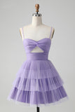 Cute Purple A Line Spaghetti Straps Tulle Tiered Short Homecoming Dress
