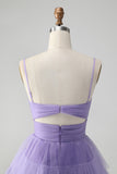 Cute Purple A Line Spaghetti Straps Tulle Tiered Short Homecoming Dress