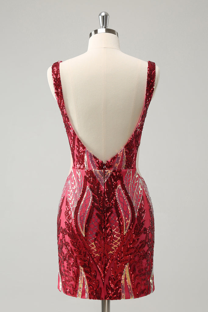 Glitter Fuchsia V Neck Tight Backless Short Homecoming Dress with Sequins main image 0