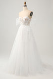Princess Off The Shoulder Sweep Train Tulle Corset Wedding Dress with Appliques