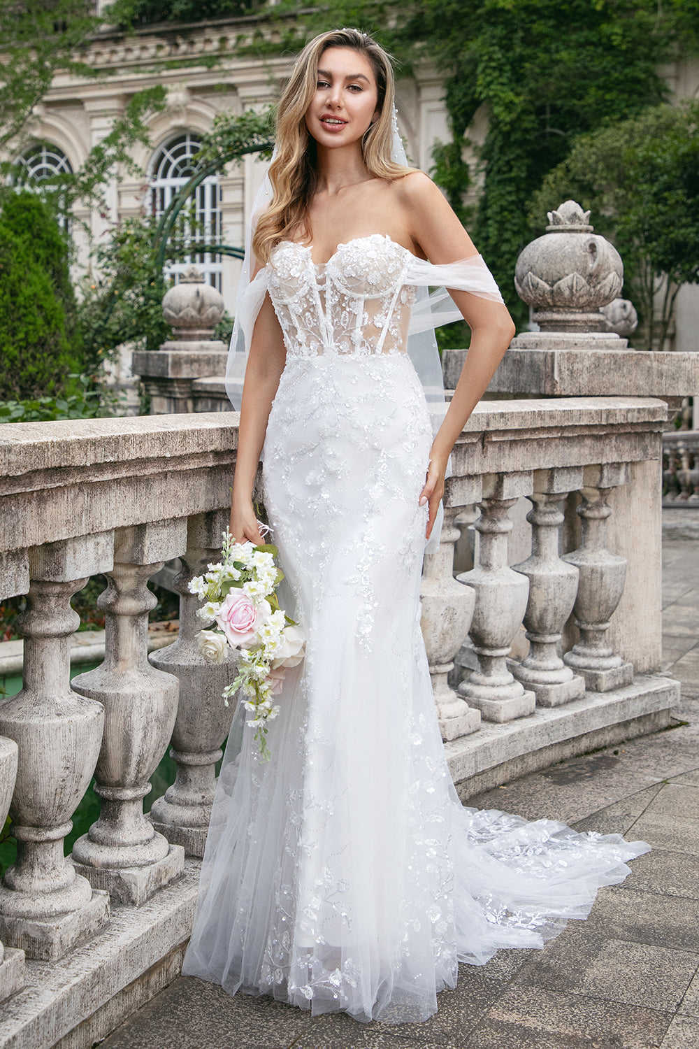 Zapaka Women White Wedding Dress with Sequins Off The Shoulder Corset Mermaid Tulle Long Bridal Dress, White / UK22 Zapaka Women White Wedding Dress with Sequins Off The Shoulder Corset Mermaid Tulle Long Bridal Dress, White / UK22