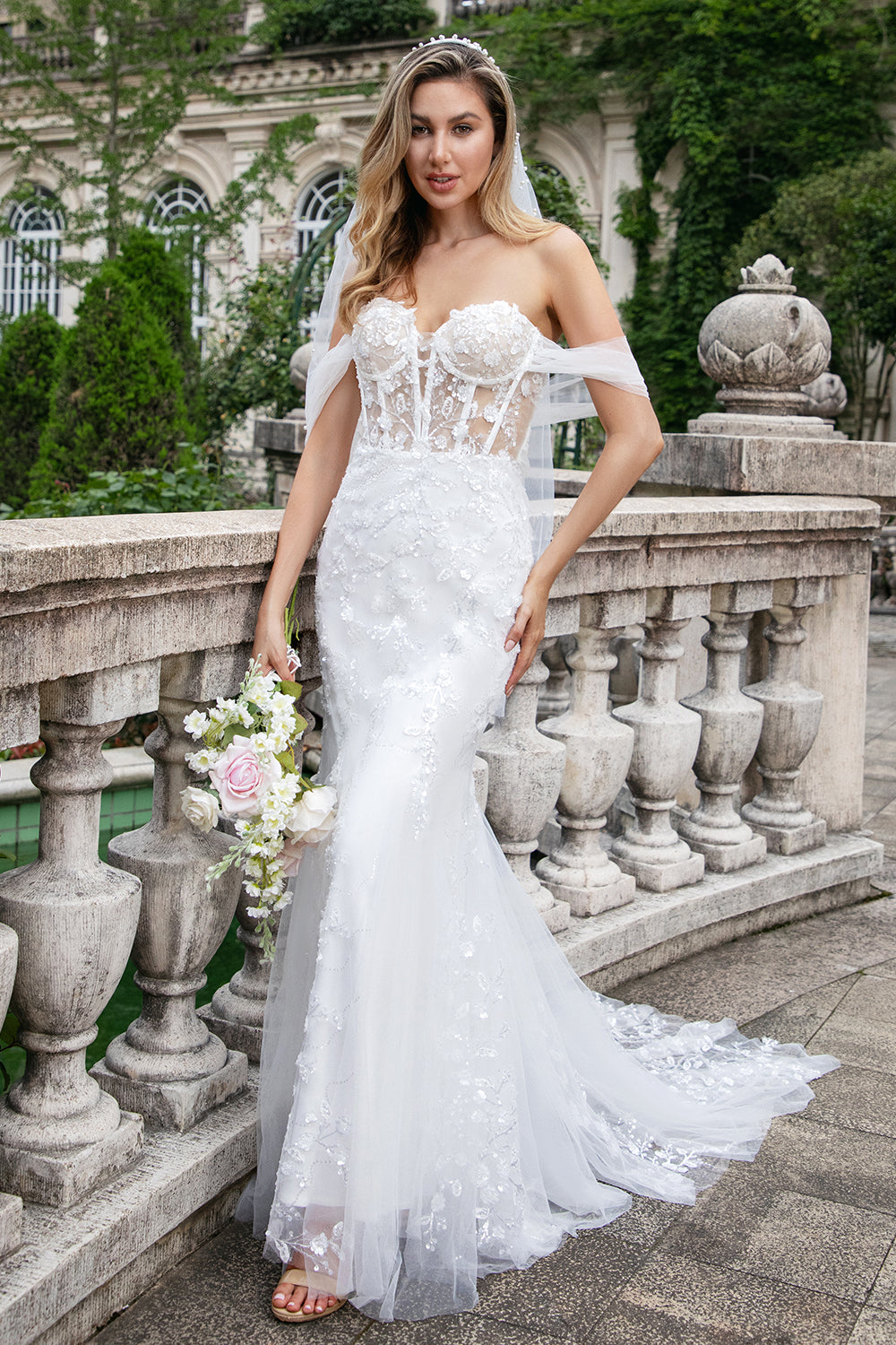 Zapaka Women White Wedding Dress with Sequins Off the Shoulder Corset Mermaid Tulle Bridal Dress, White / US16 Zapaka Women White Wedding Dress with Sequins Off the Shoulder Corset Mermaid Tulle Bridal Dress, White / US16