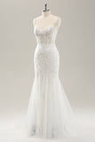 White Mermaid Corset Tulle Wedding Dress with Applique Lace