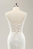 White Mermaid Spaghetti Straps Applique Lace Corset Wedding Dress with Lace-up Back