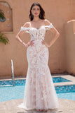 White Mermaid Off the Shoulder Sweep Train Bridal Dress with Applique Lace