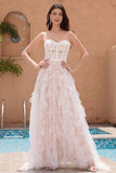 White A Line Sweetheart Sweep Train Corset Wedding Dress with Applique Lace