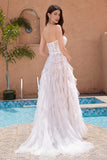 White A Line Sweetheart Sweep Train Corset Ruffle Wedding Dress with Applique Lace