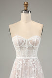 White A Line Sweetheart Sweep Train Corset Wedding Dress with Applique Lace
