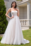 Sparkly White A Line Sweetheart Long Wedding Dress with Applique Lace