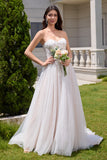 Sparkly White A Line Sweetheart Long Wedding Dress with Applique Lace