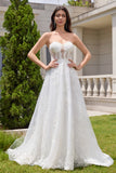 Princess White A-Line Lace Up Tulle Corset Bridal Dress with Appliques Lace