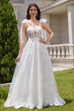 Princess White A-Line Lace Up Tulle Corset Bridal Dress with Appliques Lace