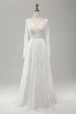 White A Line V Neck Long Sleeves Beach Boho Wedding Dress with Lace Appliqued
