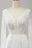 White A Line V Neck Long Sleeves Beach Boho Wedding Dress with Lace Appliqued
