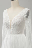 A Line V Neck Long Sleeve Beach Boho Wedding Dress with Lace Appliqued
