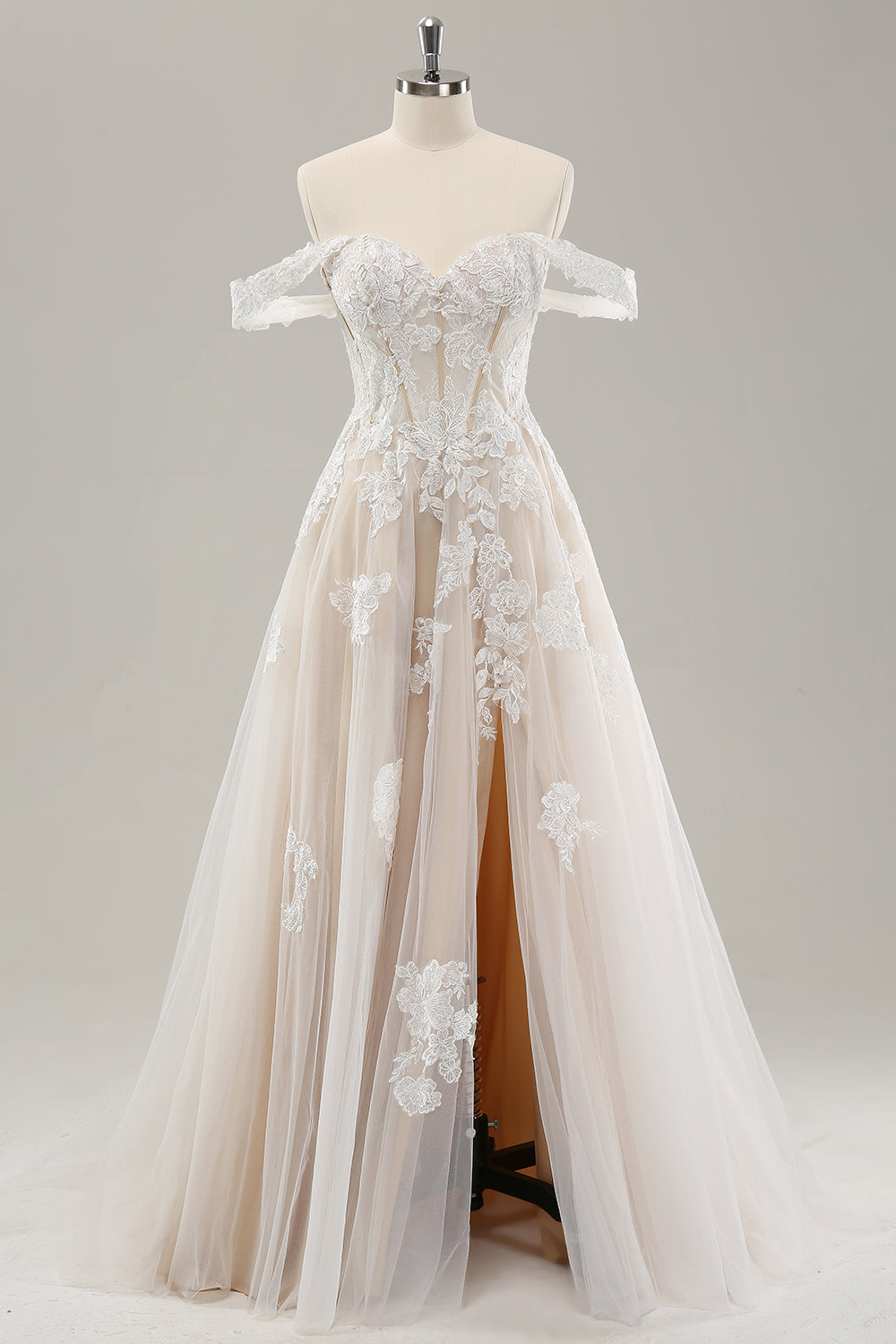 Zapaka Women Wedding Dress with Slit White Off the Shoulder Applique Tulle A Line Bridal Dress, White / US16W Zapaka Women Wedding Dress with Slit White Off the Shoulder Applique Tulle A Line Bridal Dress, White / US16W