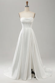 Elegant White A Line Strapless Pleated Sweep Train Wedding Dress With Slit