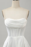 Elegant White A Line Strapless Pleated Sweep Train Bridal Dress With Split