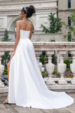 Elegant White A Line Strapless Pleated Sweep Train Wedding Dress With Slit