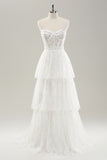 Elegant White Strapless Corset Tiered Long Wedding Dress with Lace