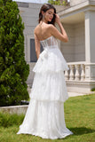 Elegant White Strapless Corset Tiered Long Bridal Party Dress with Lace