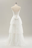 Elegant White Strapless Corset Tiered Long Wedding Dress with Lace