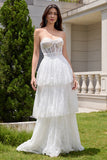 Elegant White Strapless Corset Tiered Long Wedding Dress with Lace