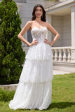 Elegant White Strapless Corset Tiered Long Bridal Party Dress with Lace