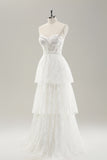 Elegant White Strapless Corset Tiered Long Wedding Dress with Lace