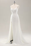 White Spaghetti Straps Satin Sweep Train Wedding Dress with Slit