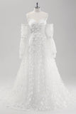 White A Line Sweetheart Applique Lace Wedding Dress with Detachable Sleeves