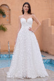 A Line Sweetheart Applique Lace White Wedding Dress with Detachable Sleeves