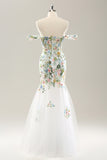 White Mermaid Off the Shoulder Flowers Corset Bridal Dress