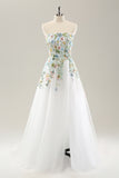 White A Line Strapless 3D Flowers Tulle Wedding Dress with Slit