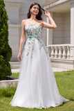 White A Line Strapless Tulle Long Slit Wedding Dress with 3D Flowers