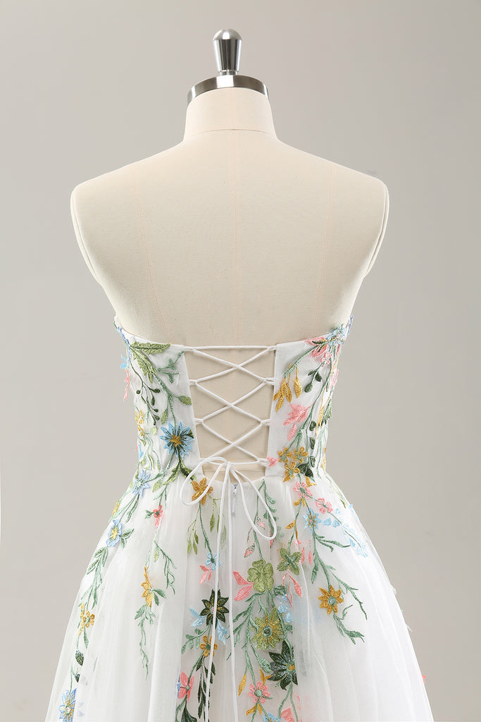 A-Line Strapless Pleated 3D Flowers Gold Prom Dress WU1424