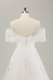 White A Line Off the Shoulder Tulle Bridal Dress with Embroidery