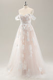 White A Line Off the Shoulder Tulle Wedding Dress with Applique Lace
