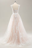 White A Line Off the Shoulder Tulle Wedding Dress with Applique Lace
