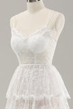 White A Line Spaghetti Straps Tiered Lace Wedding Dress with Lace Up Back